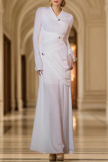 Elegant Solid Metal Accessories Decoration Fold O Neck Evening Dress Dresses(3 Colors)